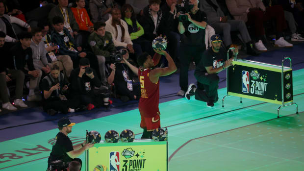 Feb 17, 2024; Indianapolis, IN, USA; Cleveland Cavaliers guard Donovan Mitchell (45) competes in the Starry 3-Point Contest during NBA All Star Saturday Night at Lucas Oil Stadium.